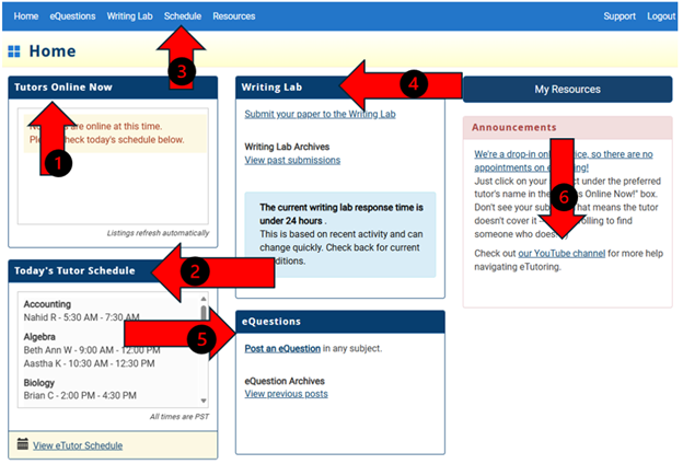 screenshot of eTutoring landing page