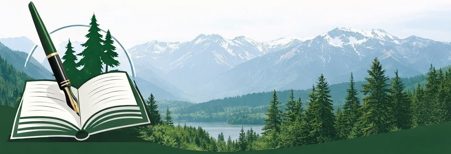 Writing Center heading image: open book and pen with evergreen forest and mountains